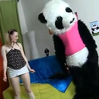 Teddy bear with a pink dildo fuck girl